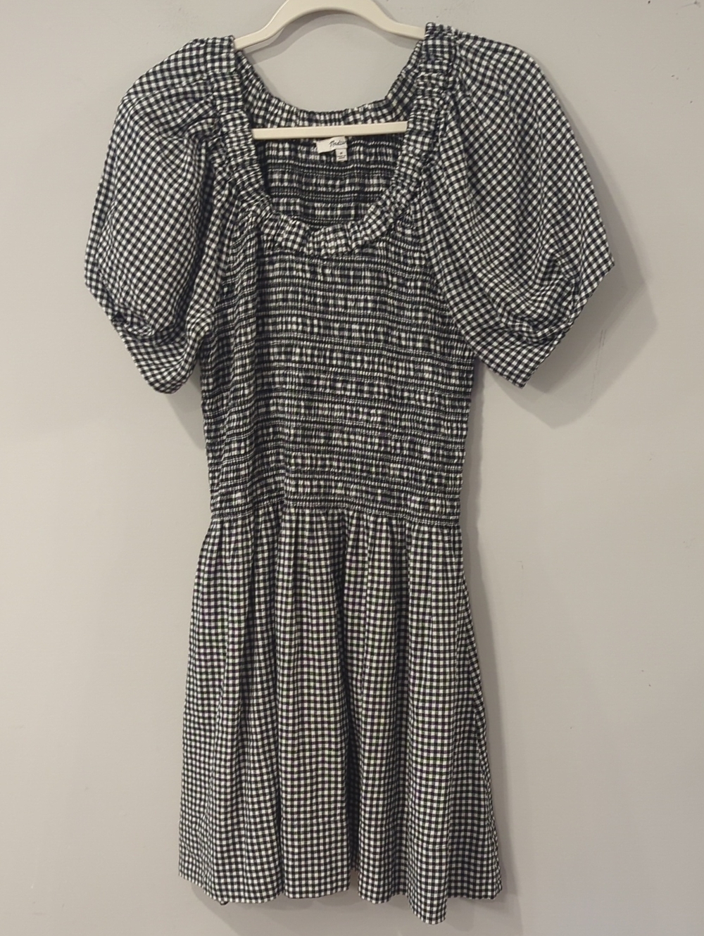 Madewell Dress Gingham Smocked U-Neck Mini Black White size Medium Linen Cotton - Picture 2 of 13